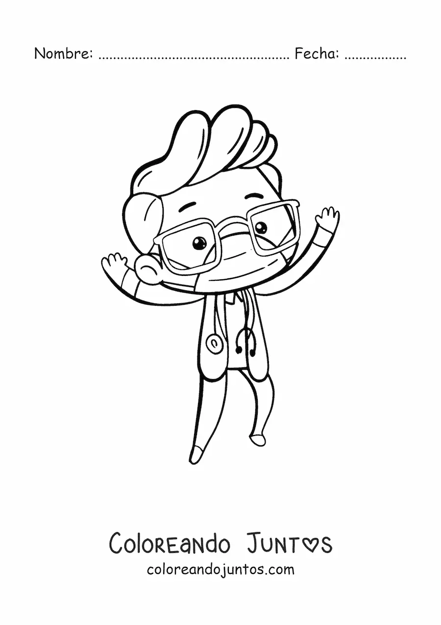Imagen para colorear de un doctor kawaii con uniforme y estetoscopio