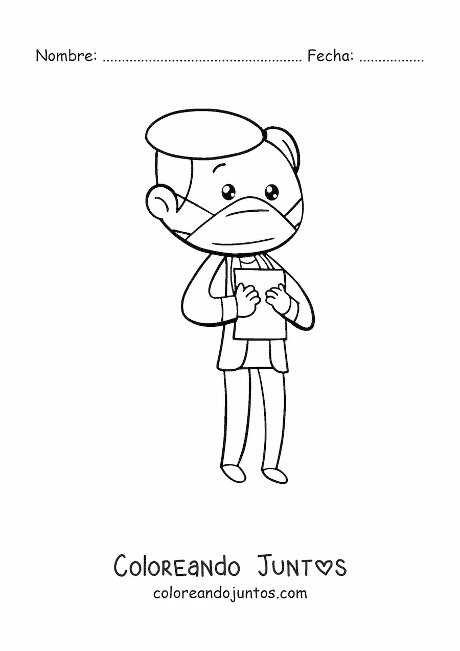 Imagen para colorear de un doctor kawaii animado con mascarilla