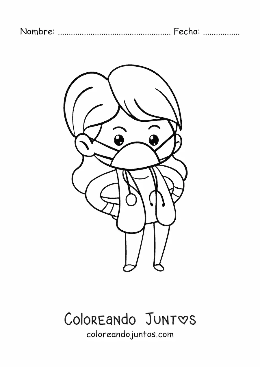 Imagen para colorear de una doctora kawaii con mascarilla y estetoscopio