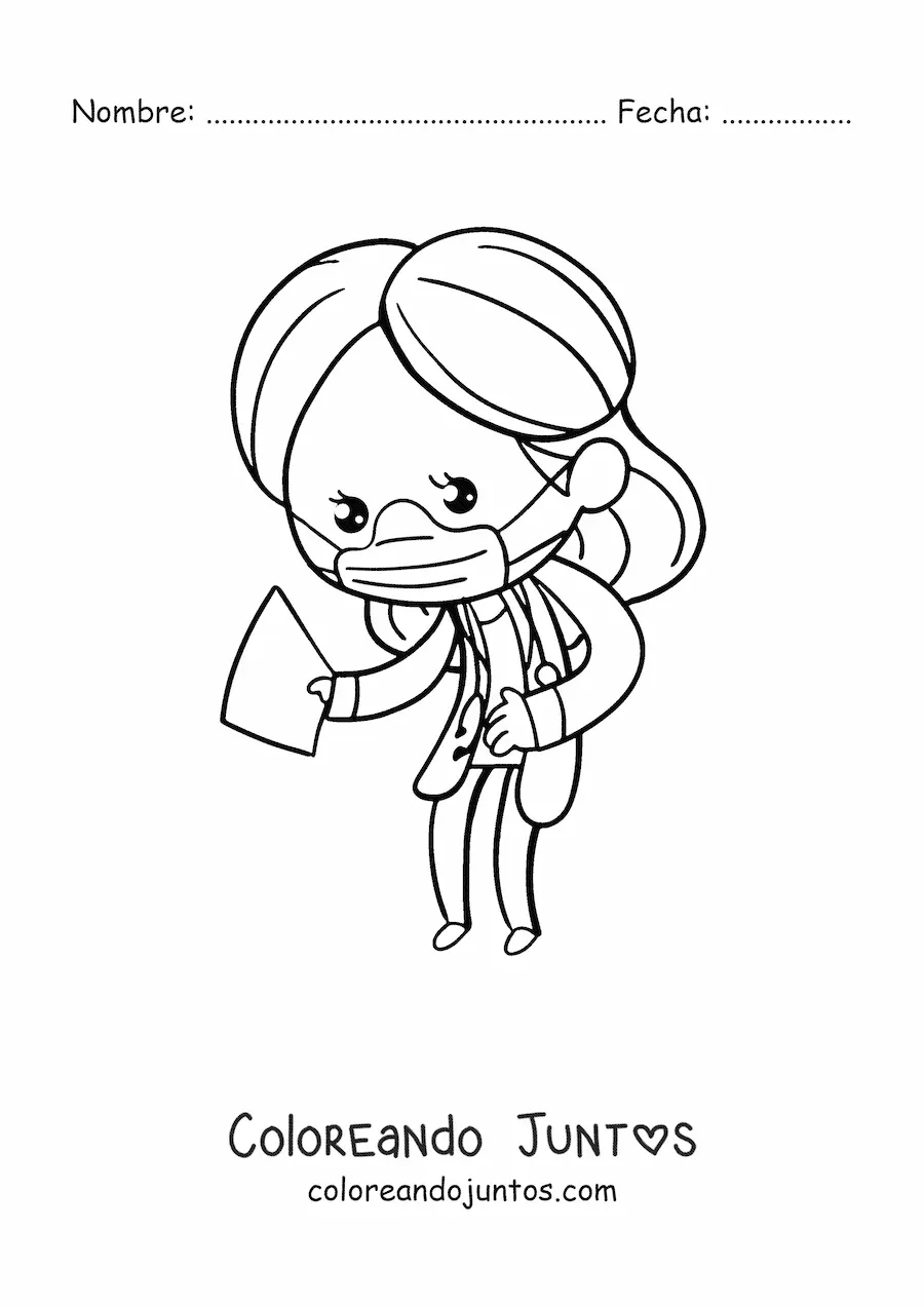 Imagen para colorear de una doctora kawaii con mascarilla y uniforme médico