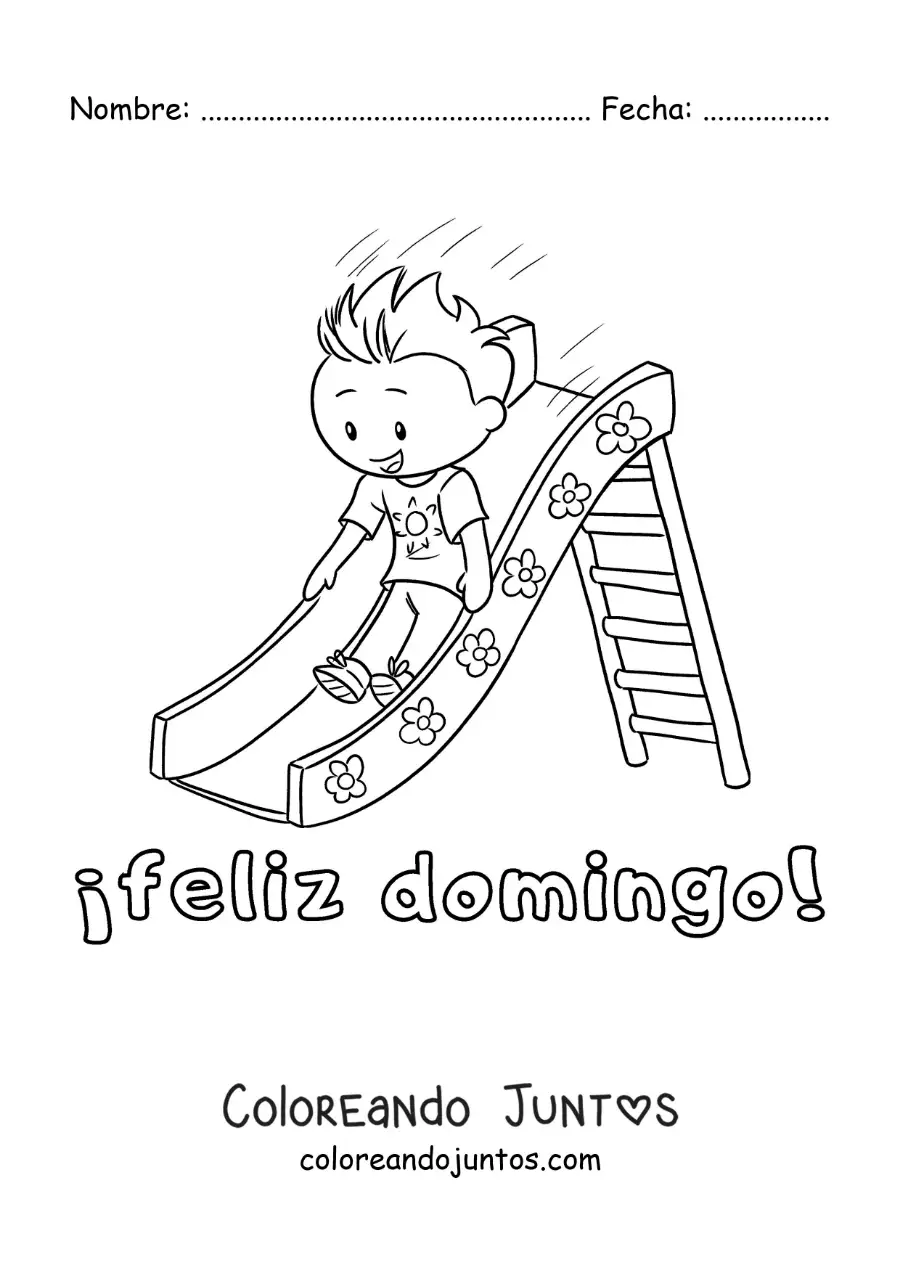 Imagen para colorear de feliz domingo con un niño jugando en un tobogán