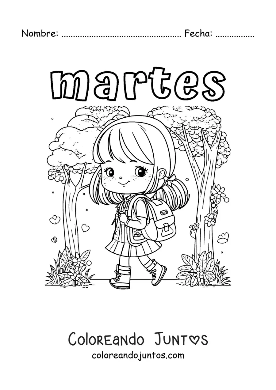 Imagen para colorear del día martes con una niña camino a clases