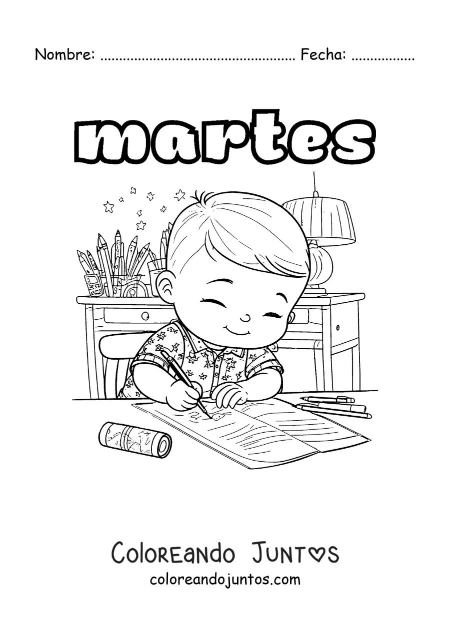Imagen para colorear del día martes con un niño haciendo tarea