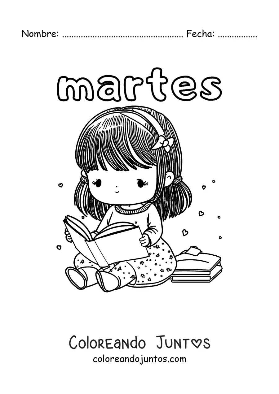 Imagen para colorear del día martes con una niña leyendo un libro