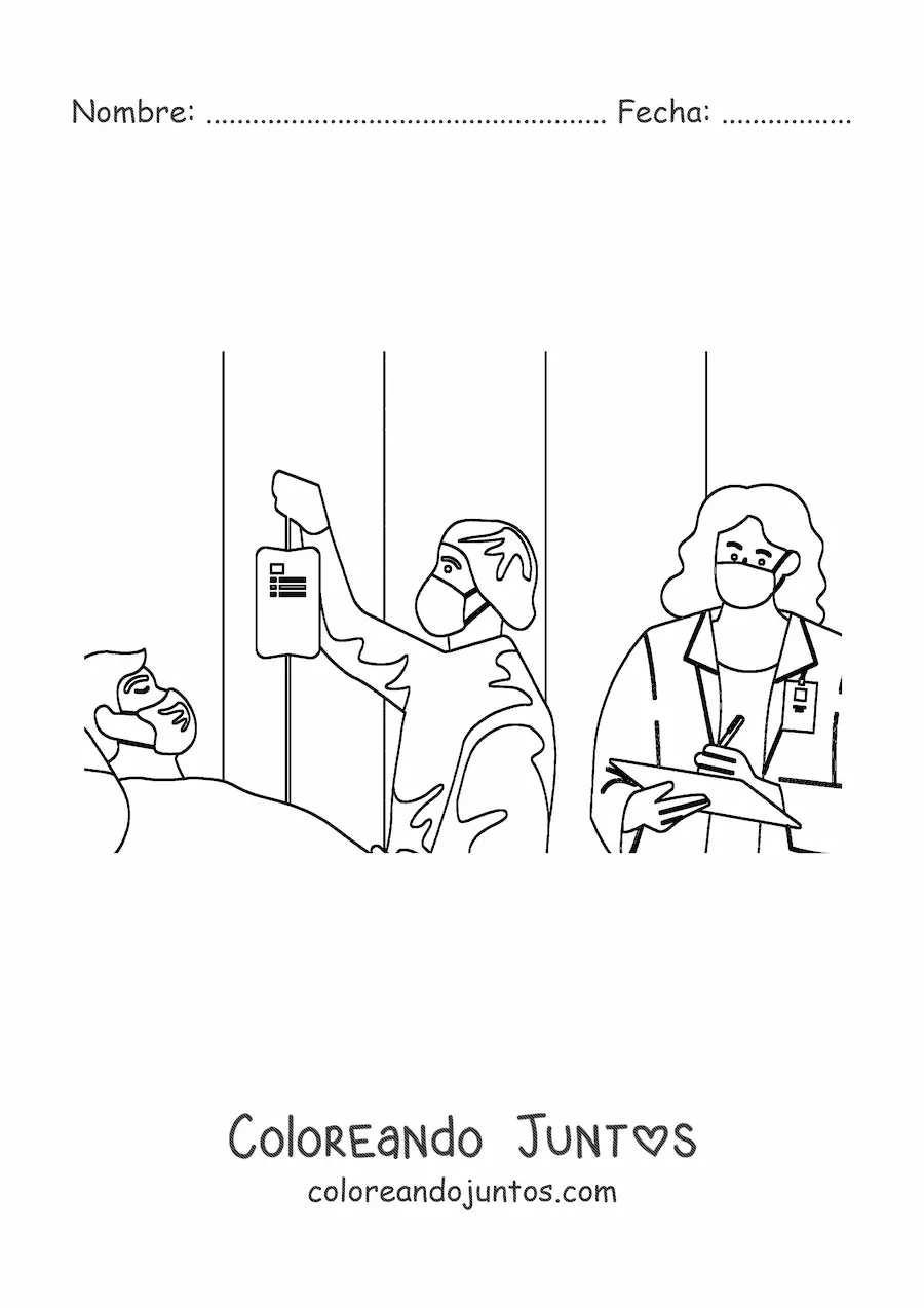 Imagen para colorear de dos médicos atendiendo a un paciente hospitalizado