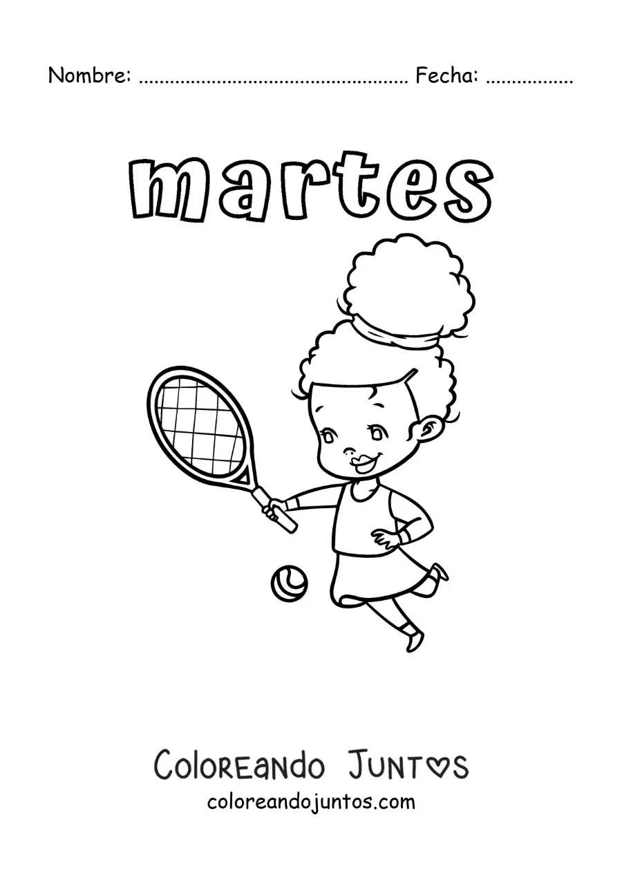 Imagen para colorear del día martes con una niña practicando tenis