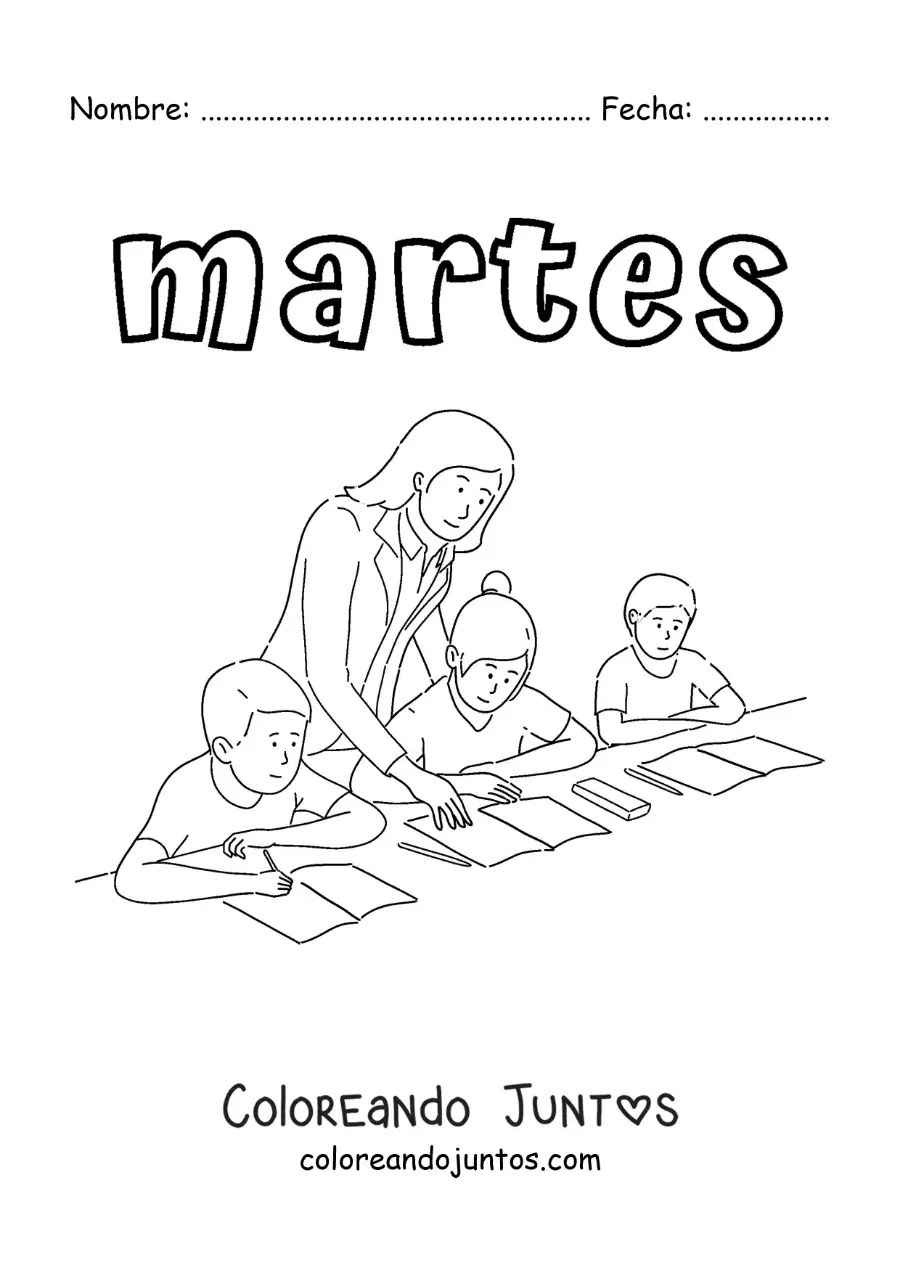 Imagen para colorear del día martes con unos niños en clase con la maestra