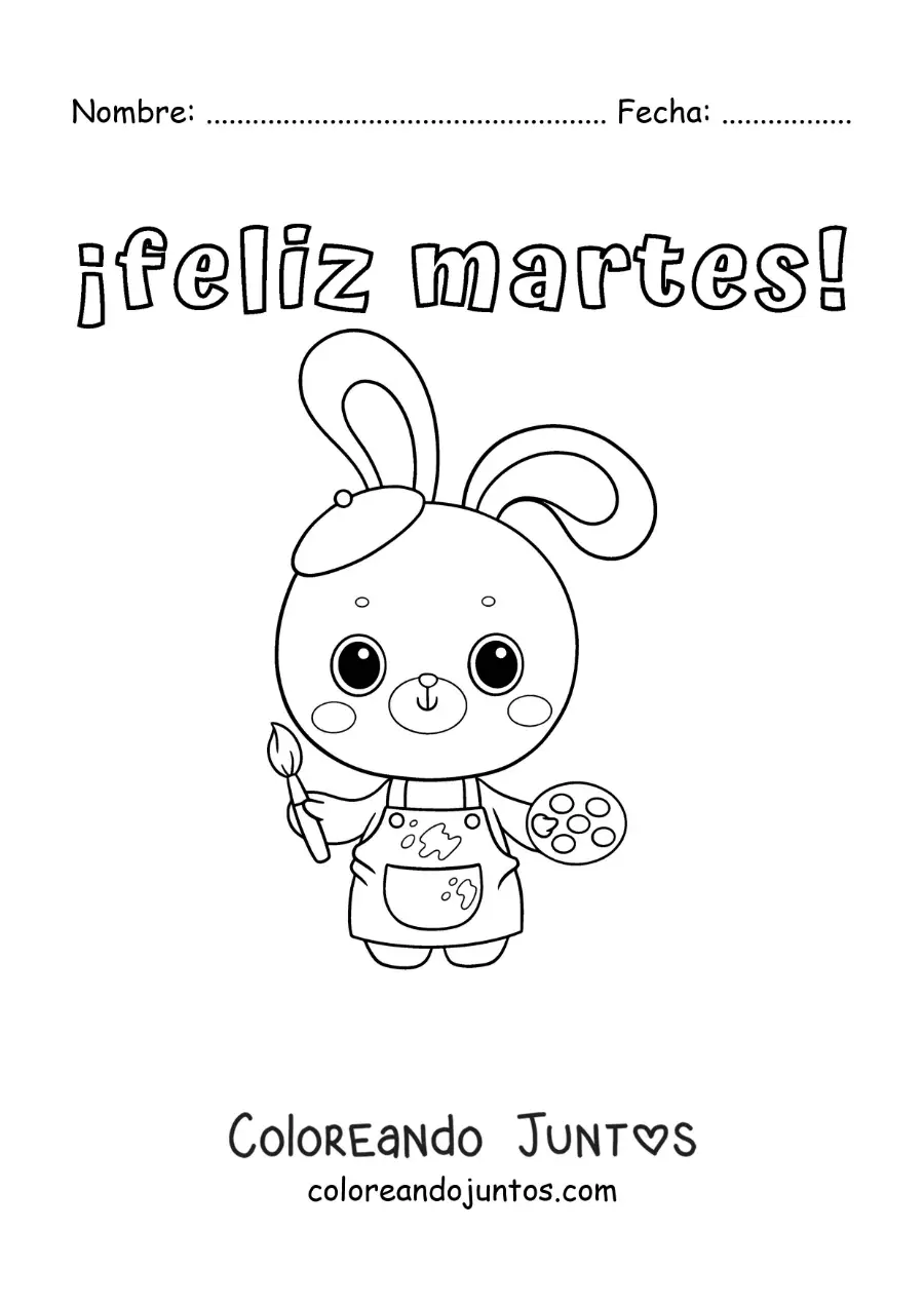 Imagen para colorear de feliz martes con un conejo pintor kawaii animado
