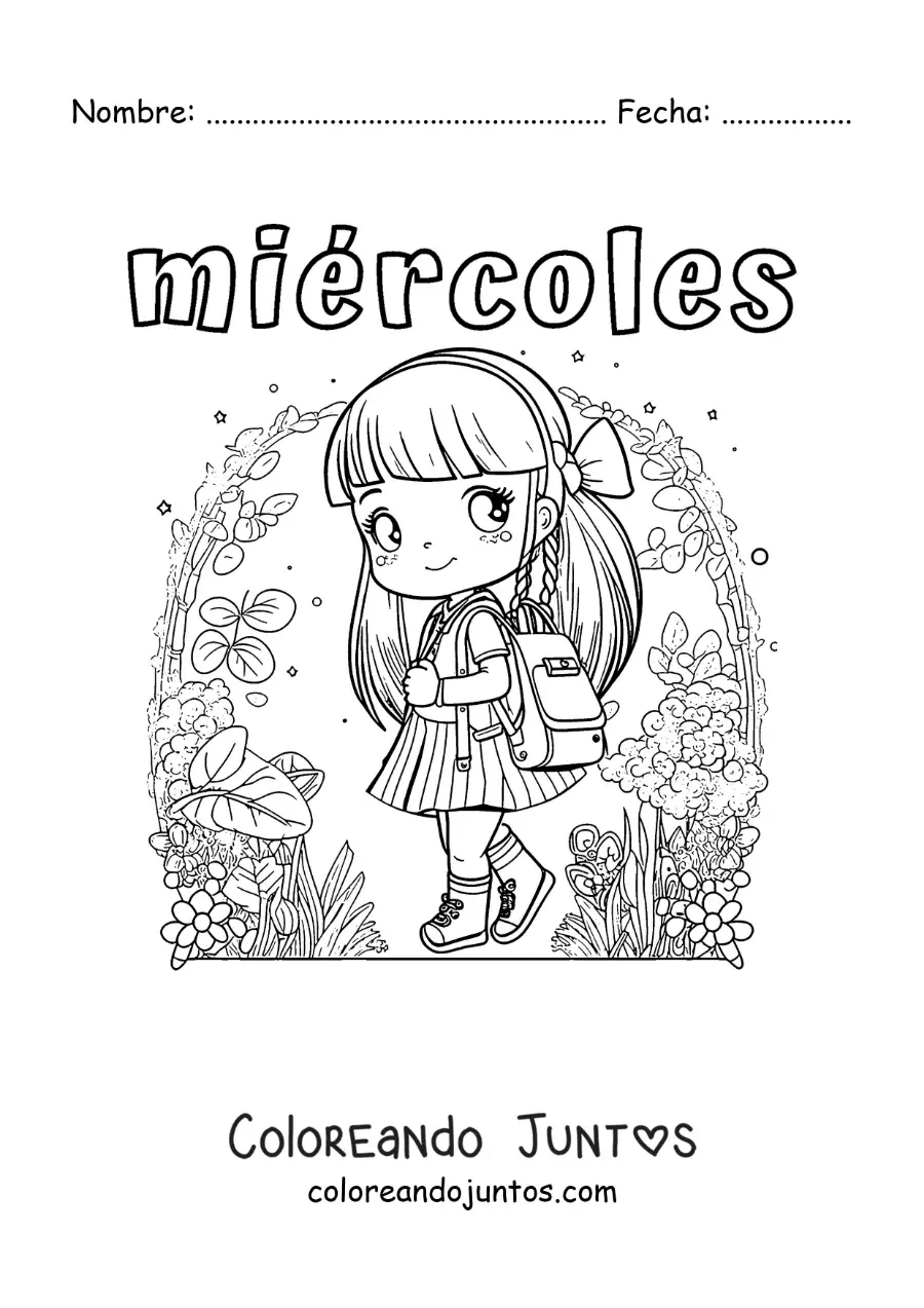Imagen para colorear del día miércoles con una niña caminando a la escuela