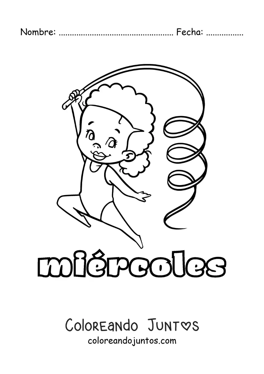 Imagen para colorear del día miércoles con una niña practicando gimnasia