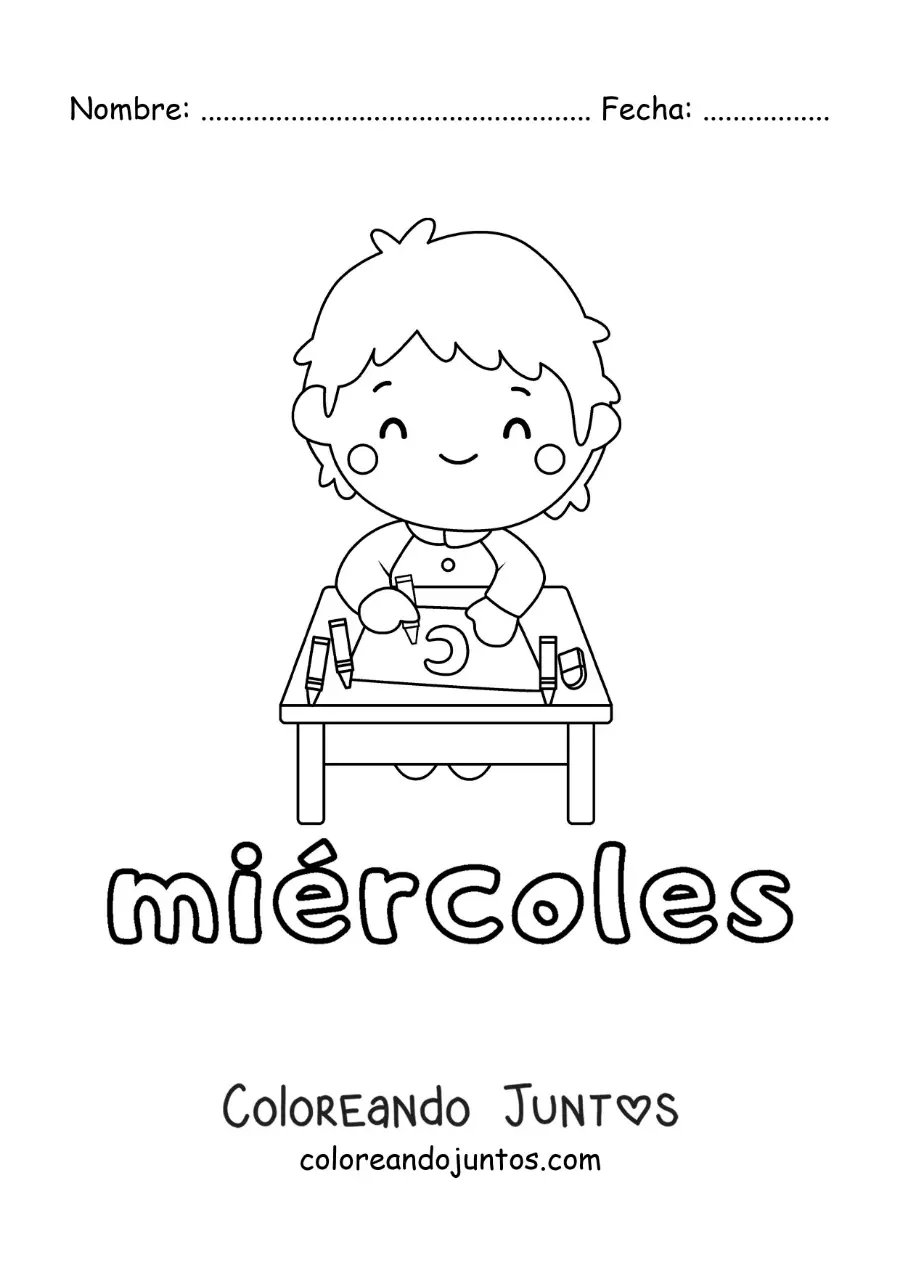 Imagen para colorear del día miércoles con un niño estudiando en clase