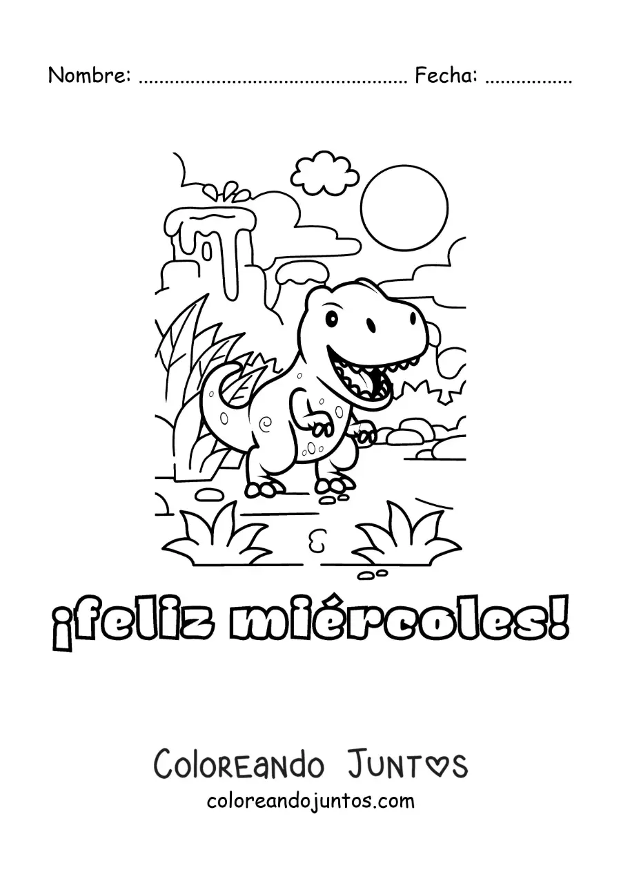 Imagen para colorear de feliz miércoles con un dinosaurio animado
