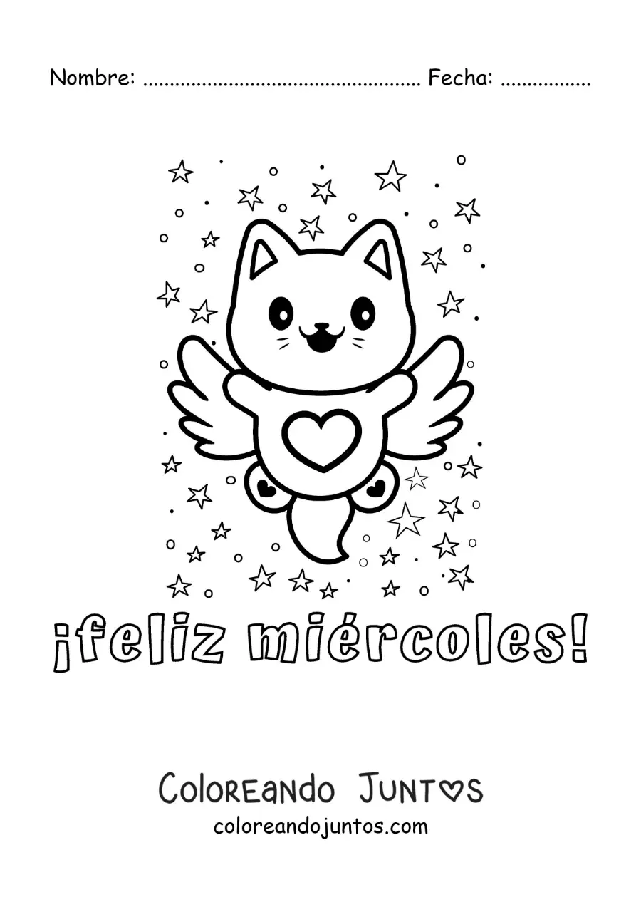 Imagen para colorear de feliz miércoles con un gato animado tierno