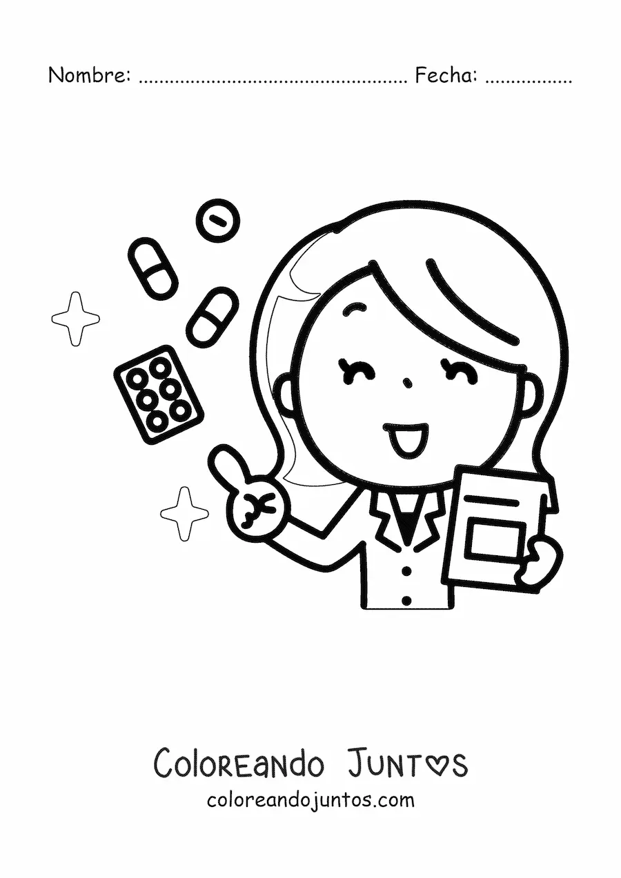 Imagen para colorear de una doctora kawaii recetando un tratamiento