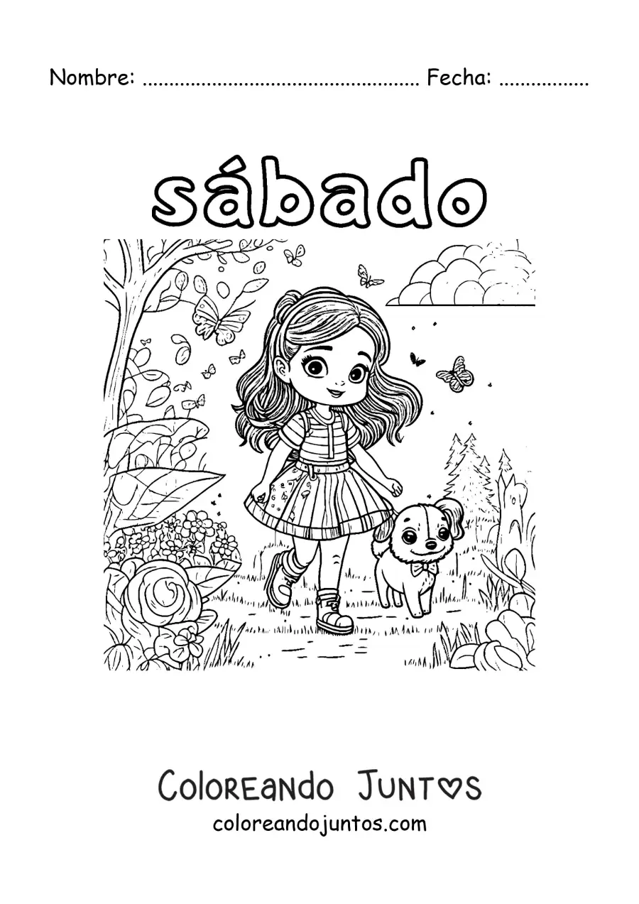 Imagen para colorear del día sábado con una niña paseando a su perro en el parque
