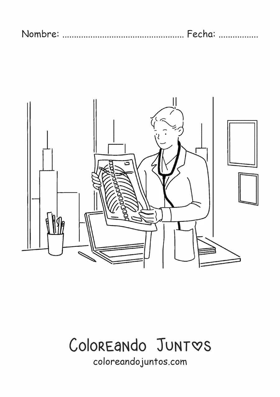 Imagen para colorear de una médico viendo unos rayos x en un consultorio