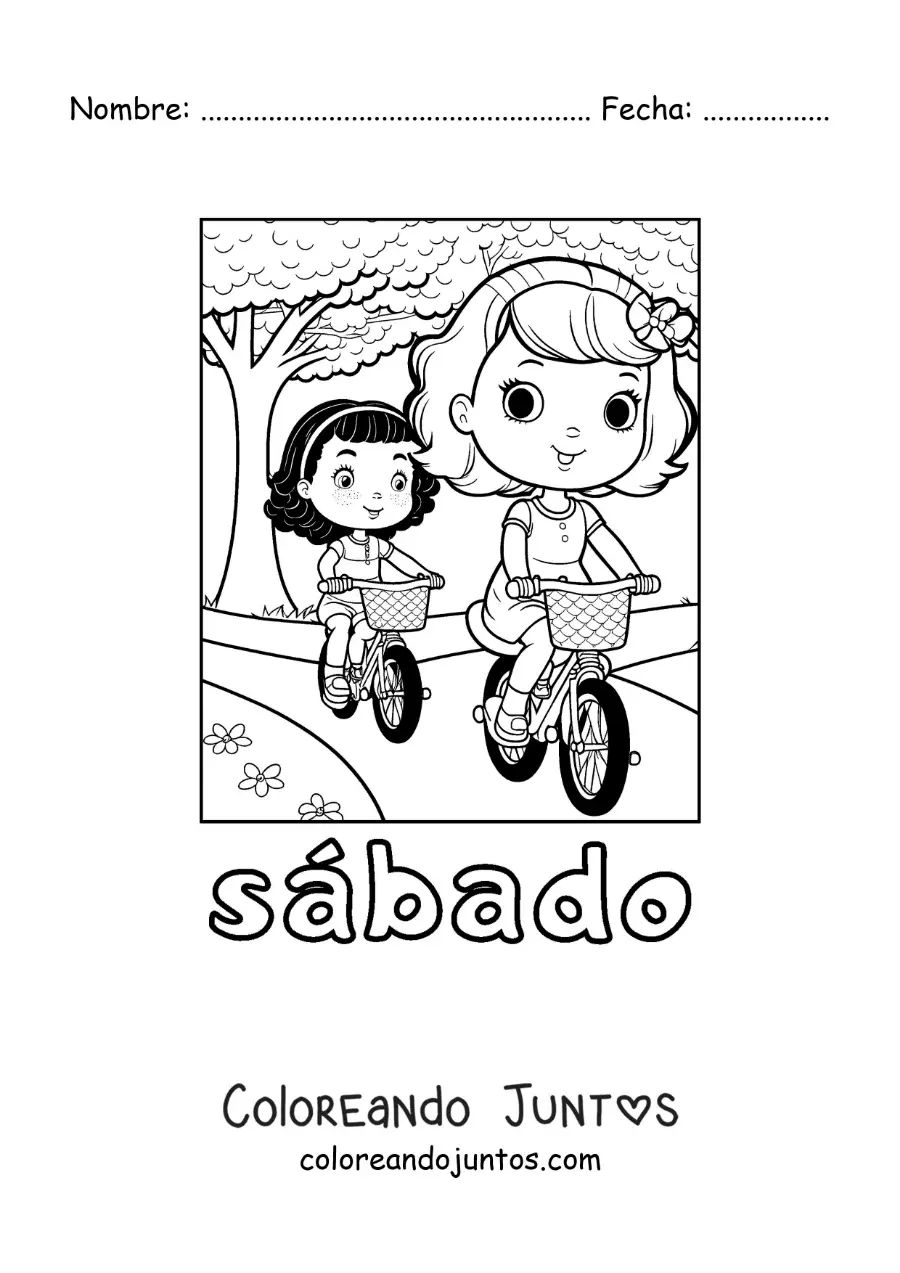 Imagen para colorear del día sábado con dos niñas manejando bicicleta en el parque