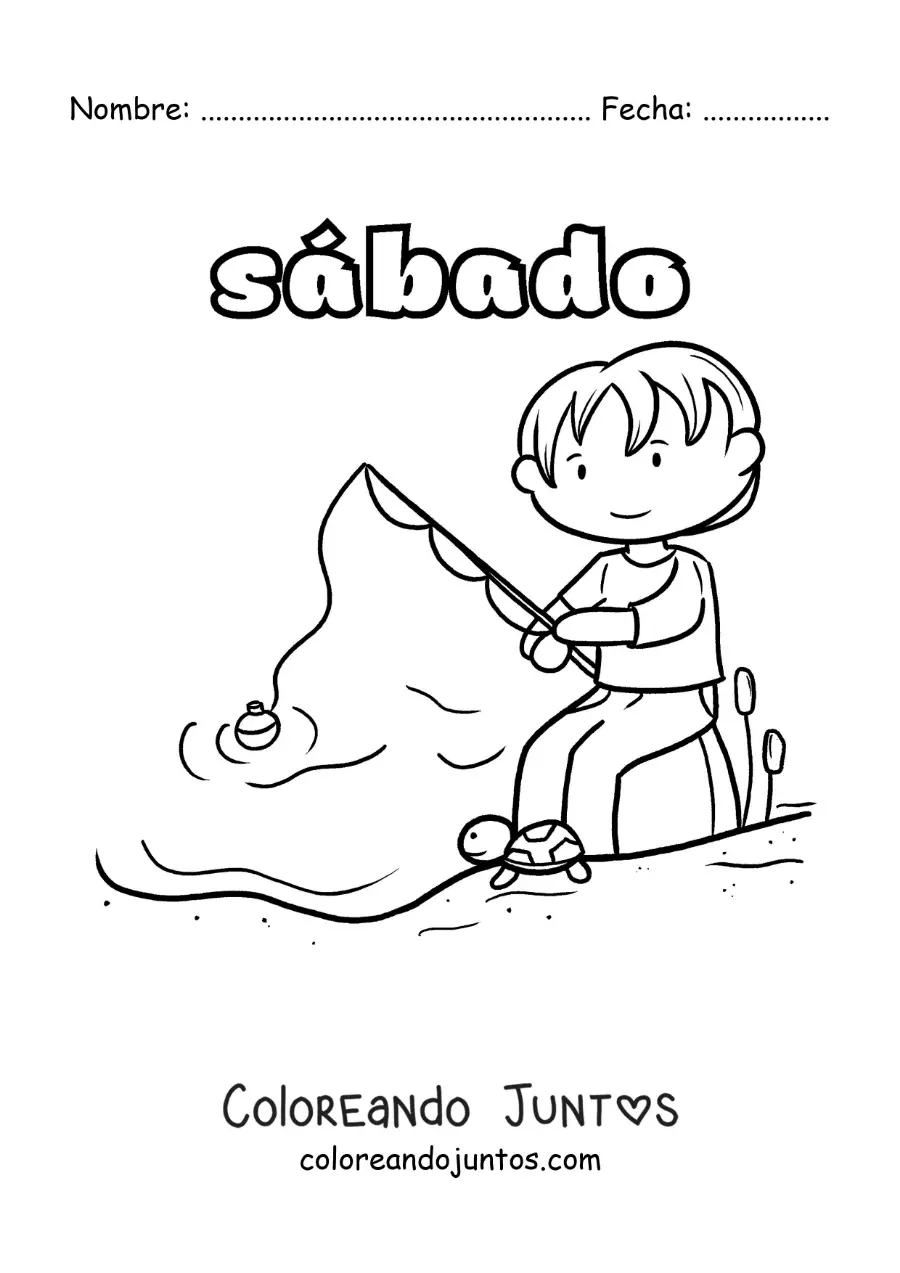 Imagen para colorear del día sábado con un niño pescando en un lago