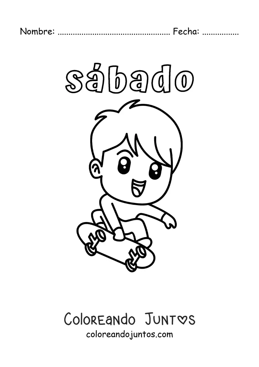 Imagen para colorear del día sábado con un niño patinando