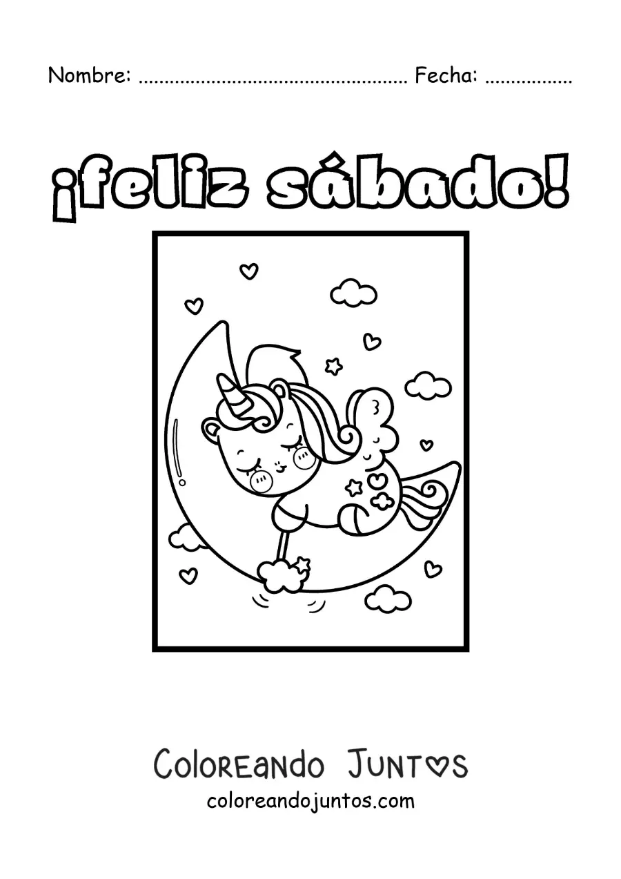 Imagen para colorear de feliz sábado con un unicornio animado durmiendo