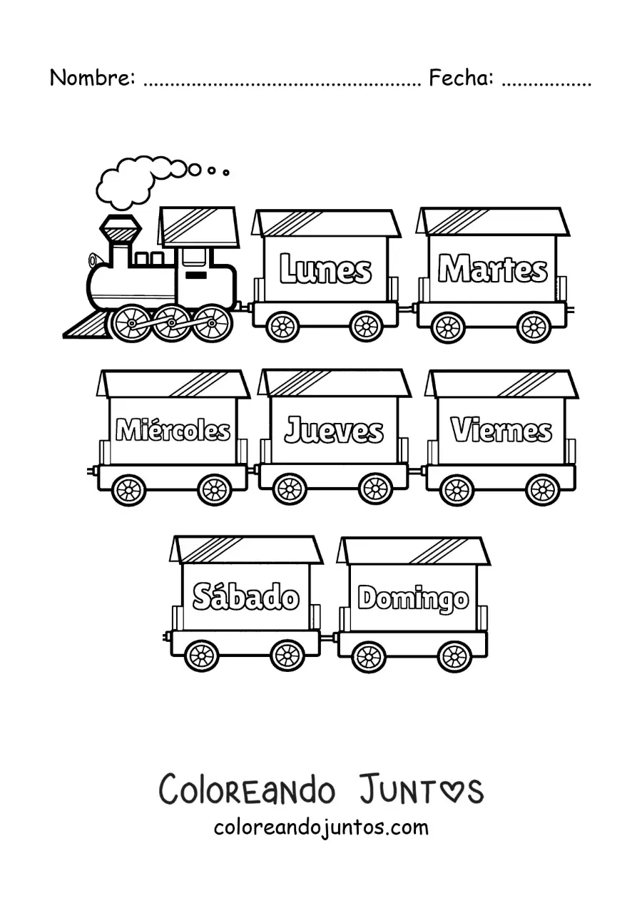 Imagen para colorear de tren con los días de la semana para niños