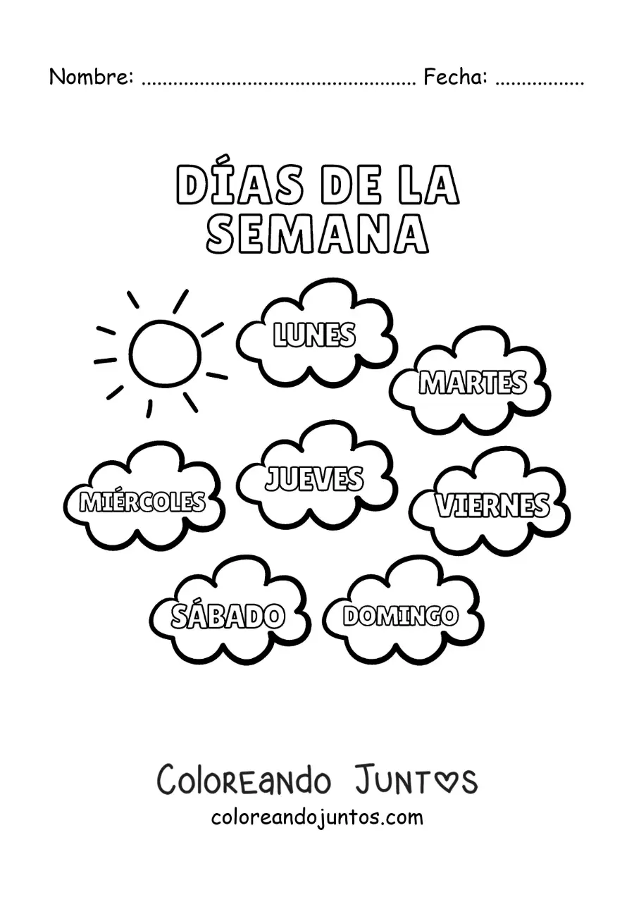 Imagen para colorear de nubes con los días de la semana para niños