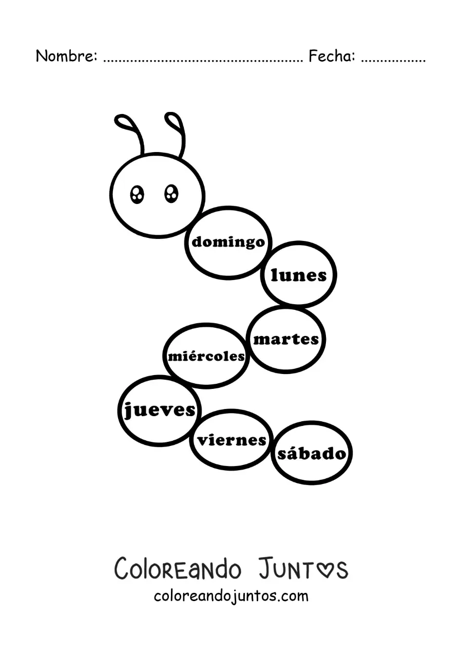 Imagen para colorear de gusano con los días de la semana para niños