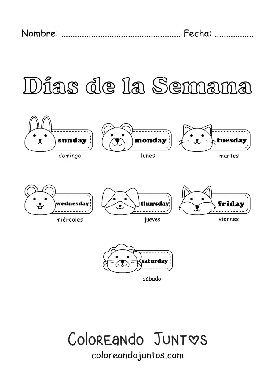 Imagen para colorear de fichas con los días de la semana en inglés y español