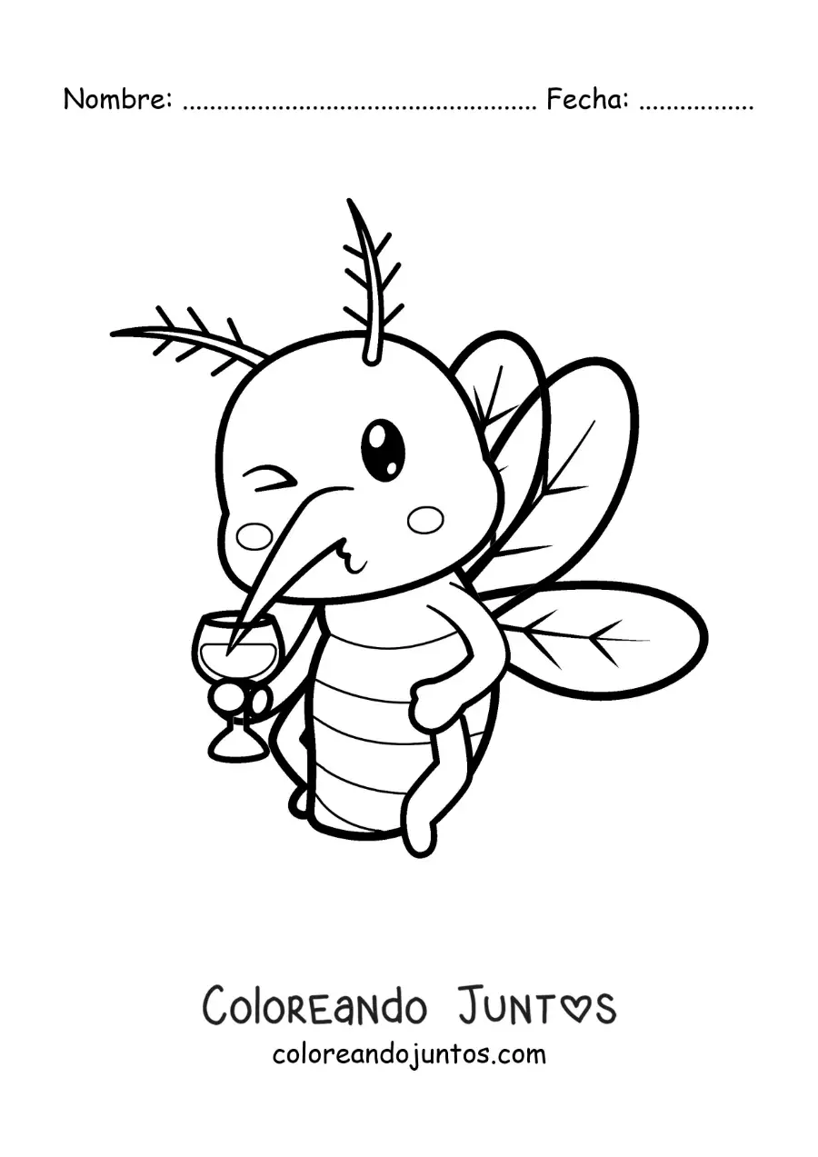 Imagen para colorear de un mosquito animado bebiendo sangre de una copa