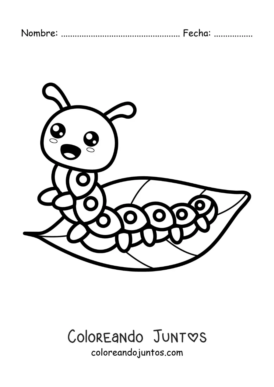 Imagen para colorear de una oruga kawaii en una hoja