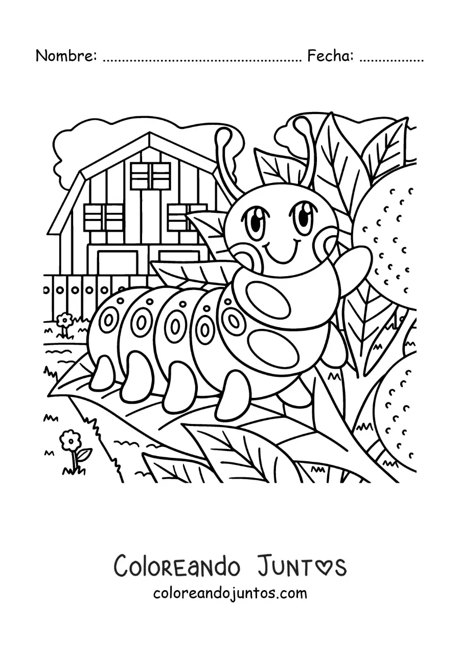 Imagen para colorear de una oruga animada en una hoja
