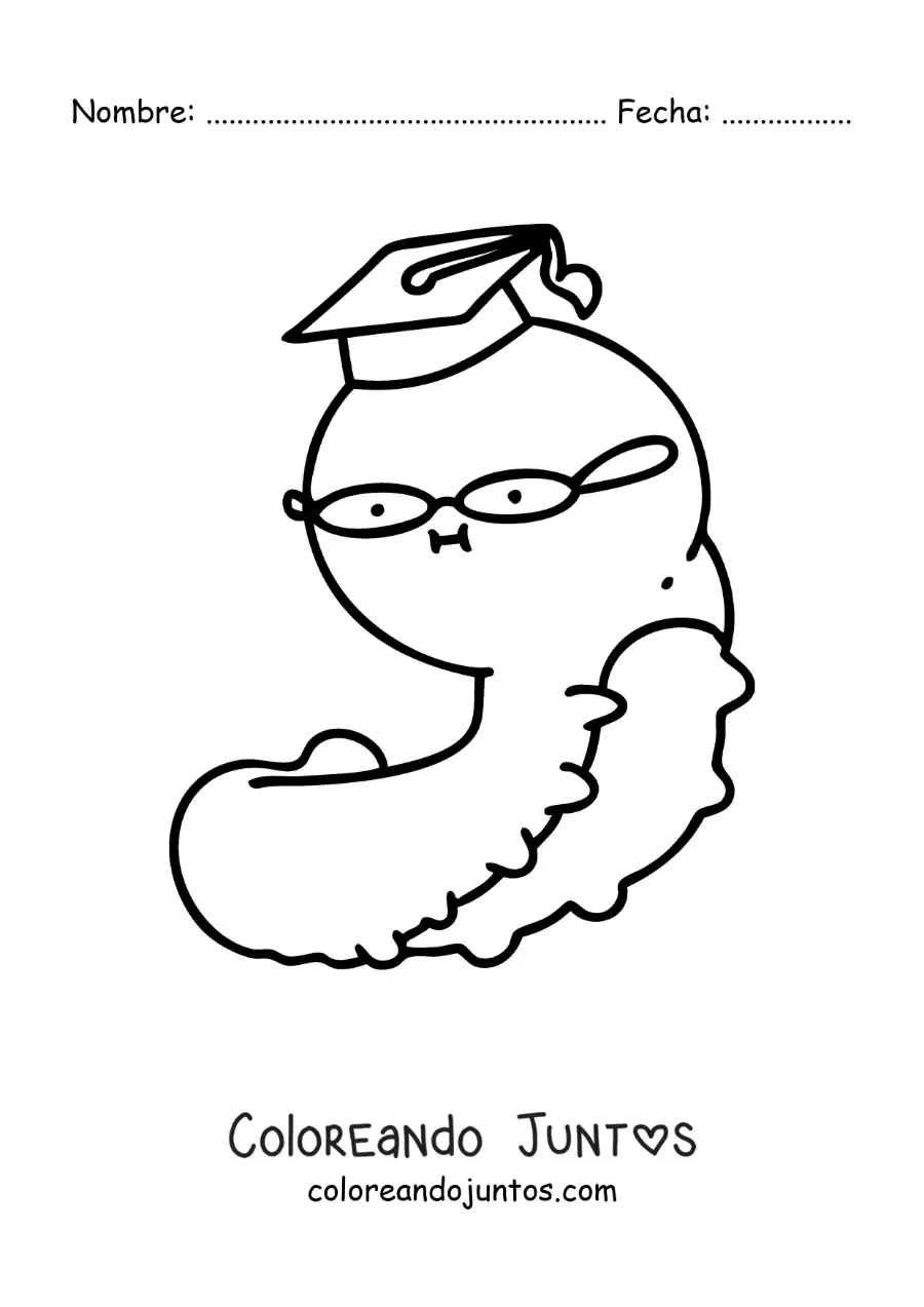Imagen para colorear de una oruga animada con birrete de graduación