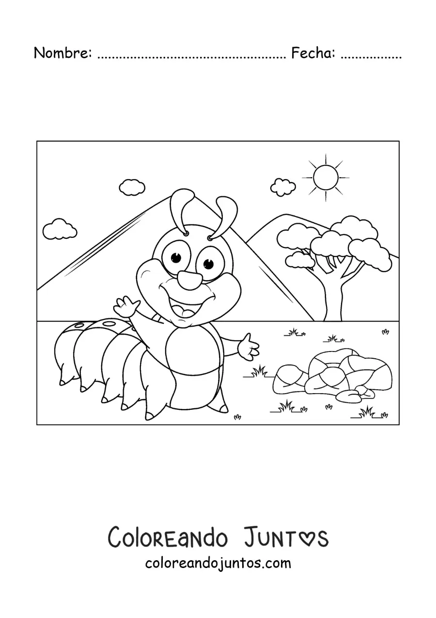 Imagen para colorear de una oruga animada sonriente en el campo
