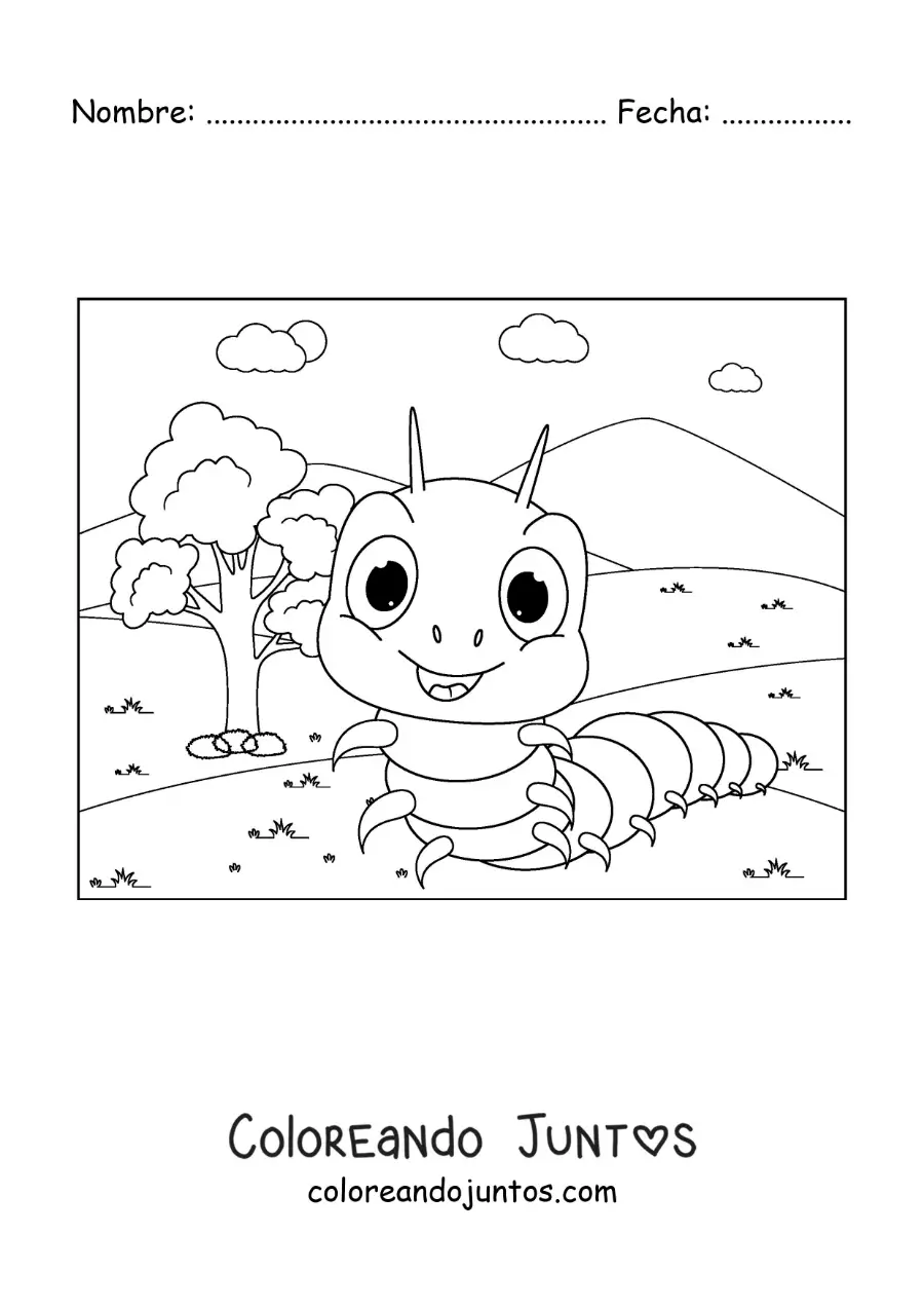 Imagen para colorear de una oruga animada feliz en el parque