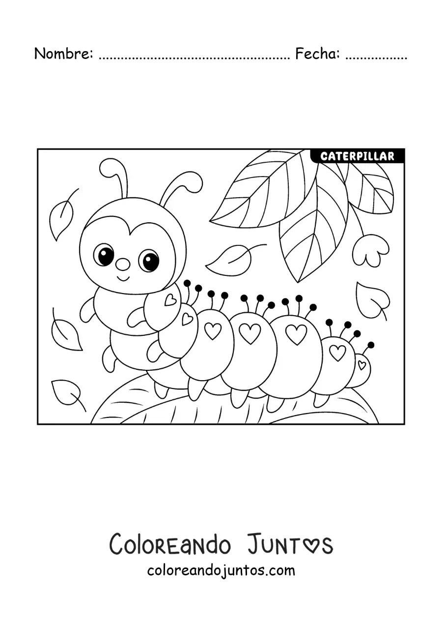 Imagen para colorear de una oruga animada bonita en una hoja