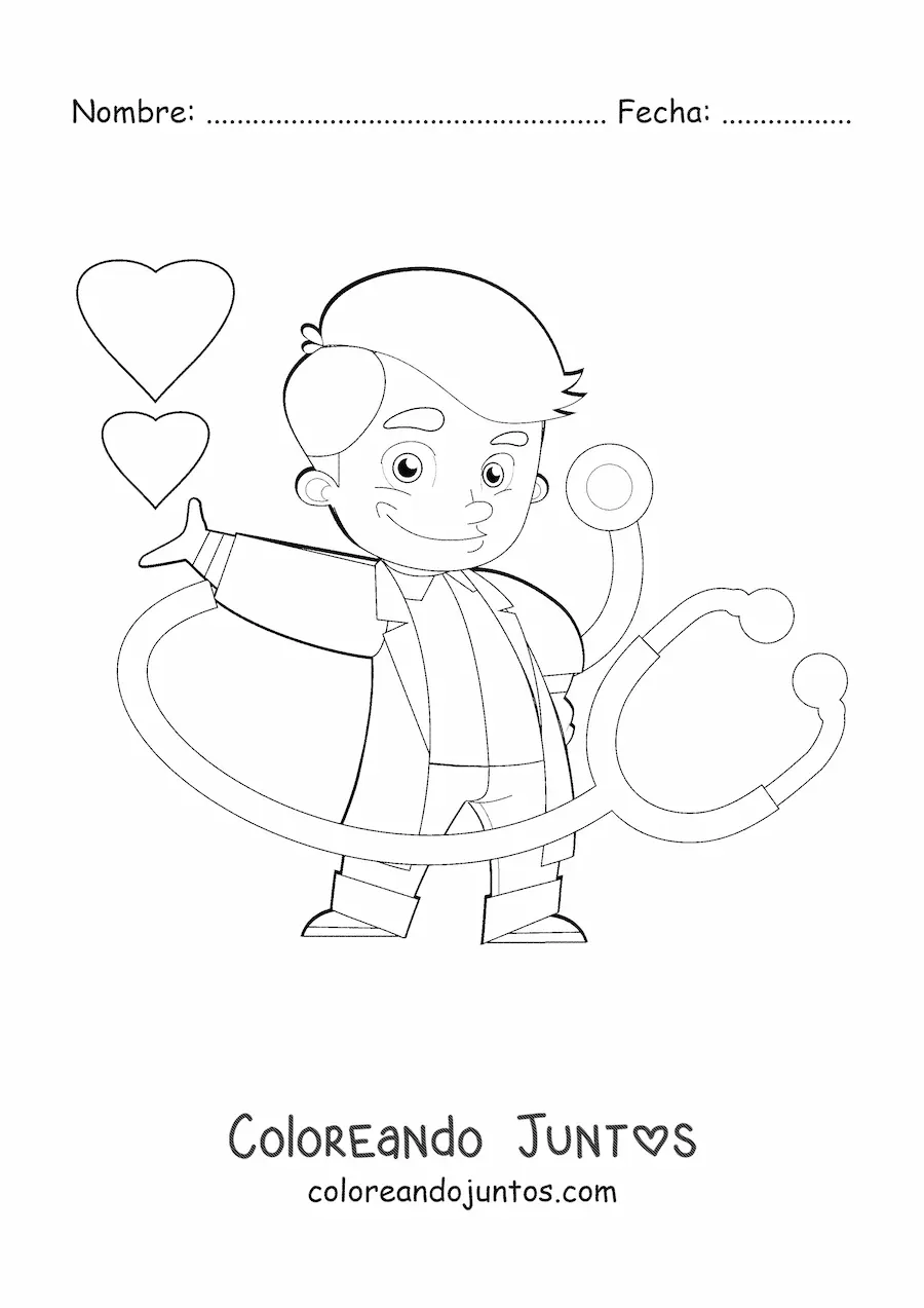 Imagen para colorear de un doctor animado con estetoscopio rodeado de corazones