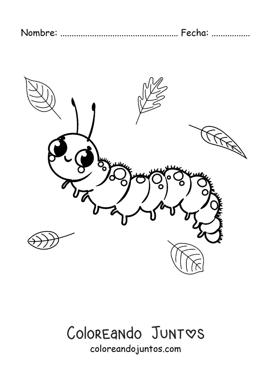 Imagen para colorear de una oruga bonita infantil con hojas