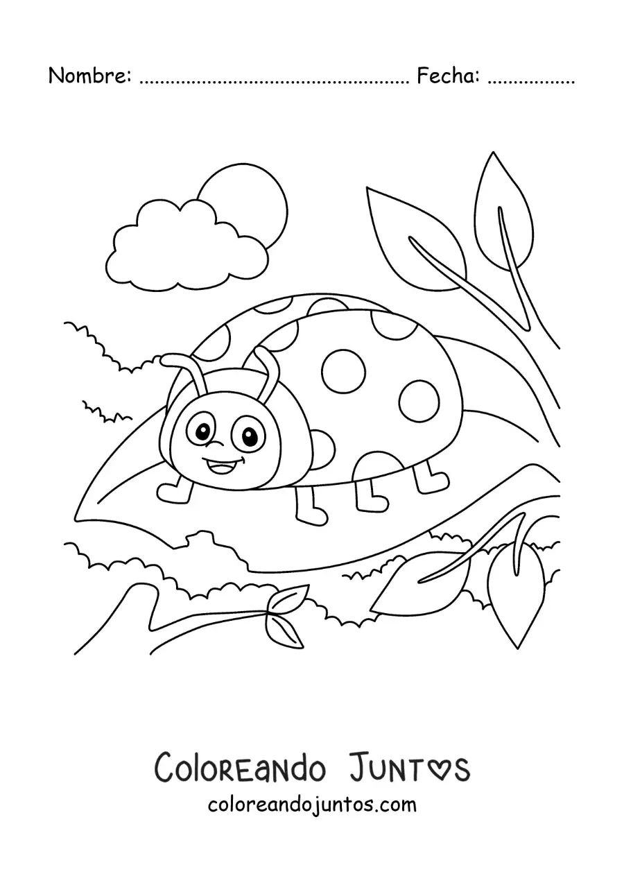 Imagen para colorear de una mariquita animada comiendo una hoja