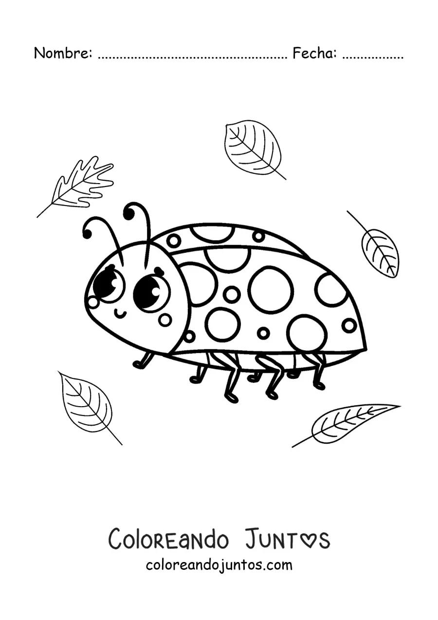 Imagen para colorear de una mariquita kawaii con hojas