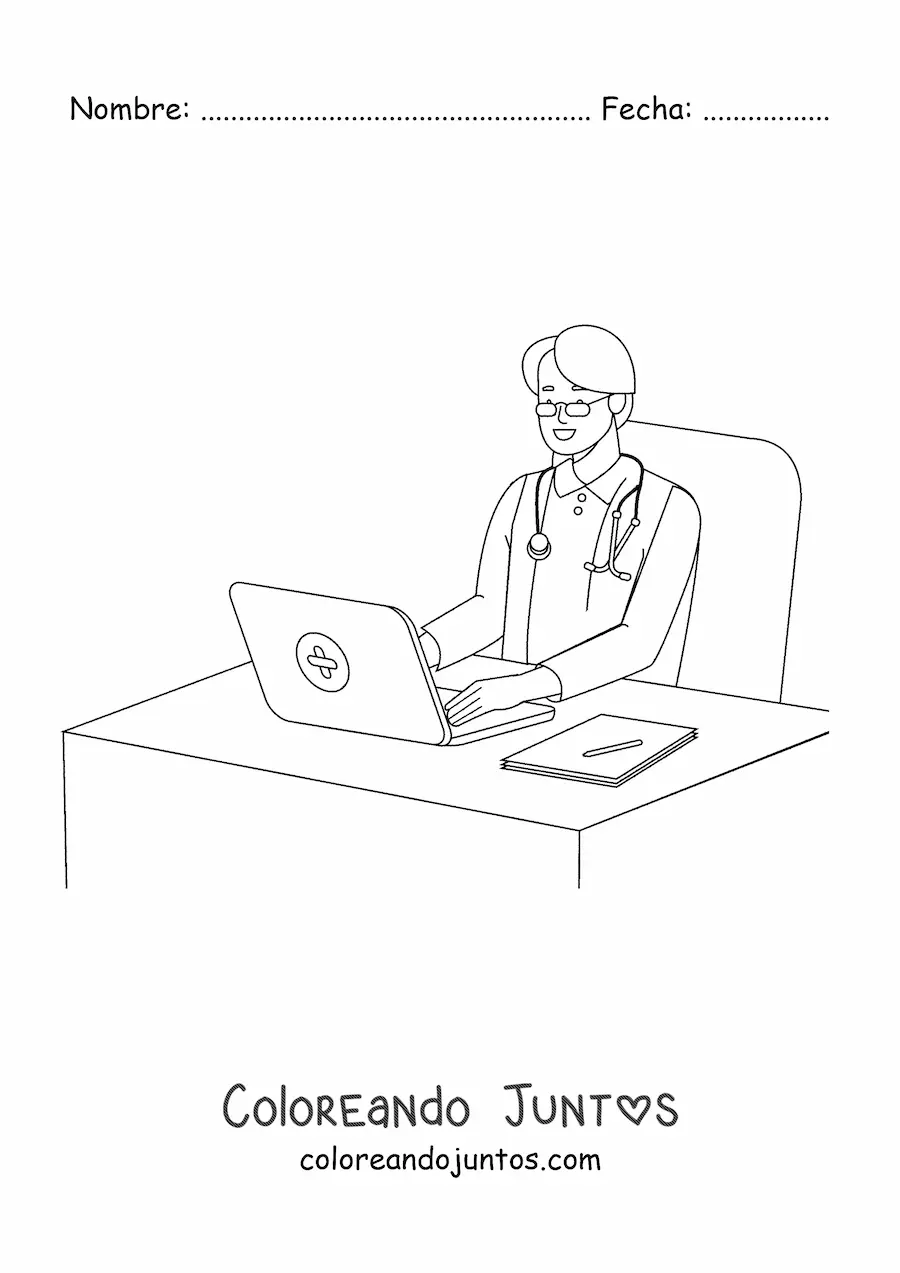 Imagen para colorear de un médico sentado ante un escritorio en un consultorio