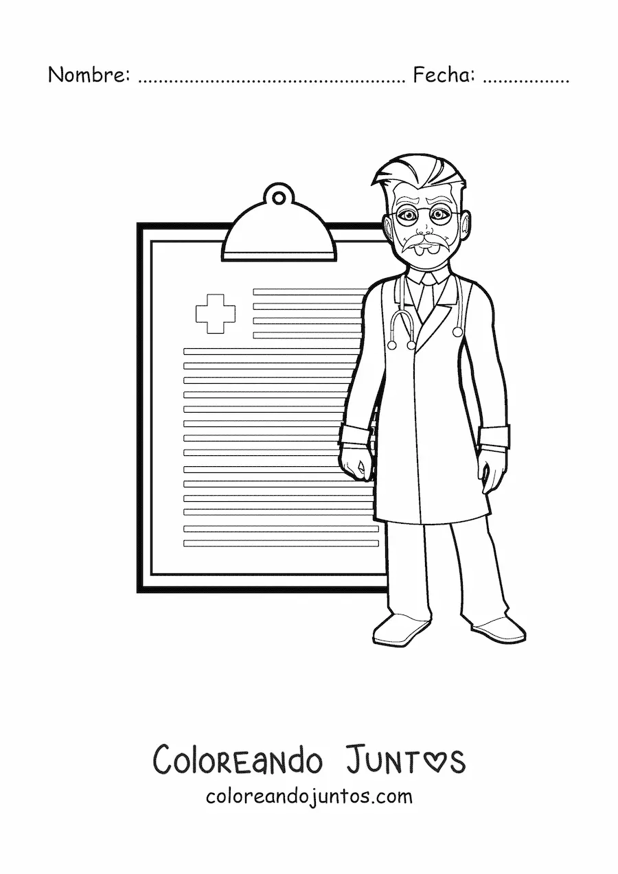 Imagen para colorear de un doctor junto a un récipe médico