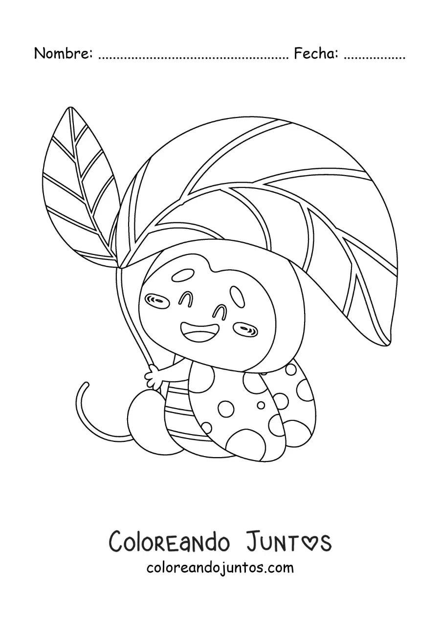 Imagen para colorear de una catarina animada con una hoja