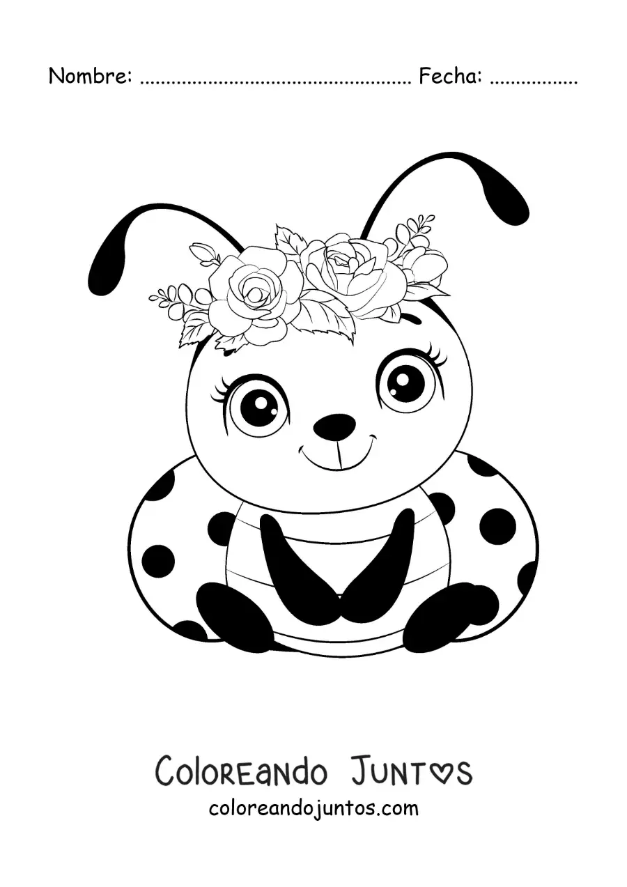 Imagen para colorear de una mariquita bebé bonita con flores