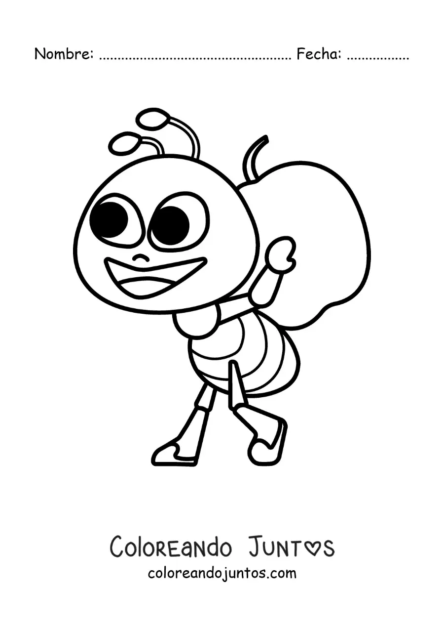 Imagen para colorear de una hormiga animada recolectando comida