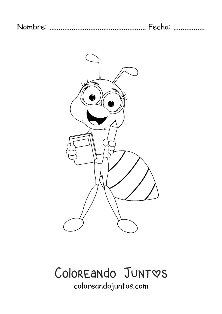 Imagen para colorear de una hormiga estudiosa animada