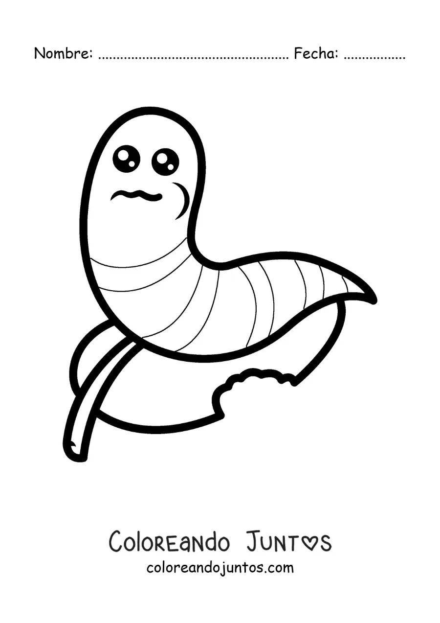 Imagen para colorear de un gusano kawaii comiendo una hoja