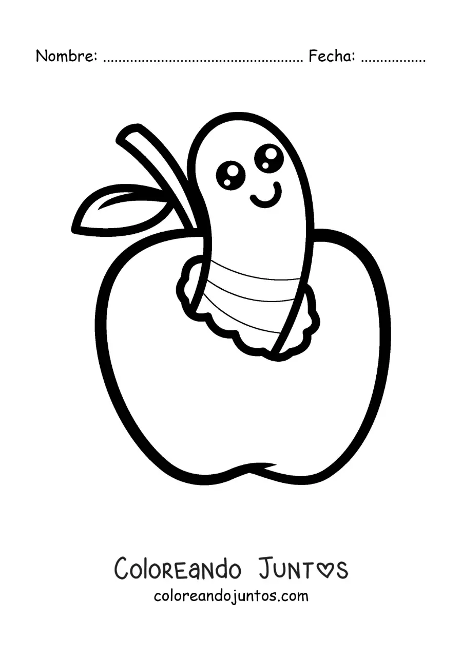 Imagen para colorear de un gusanito kawaii en una manzana
