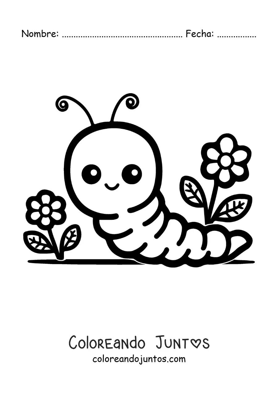 Imagen para colorear de una lombriz kawaii animada con flores