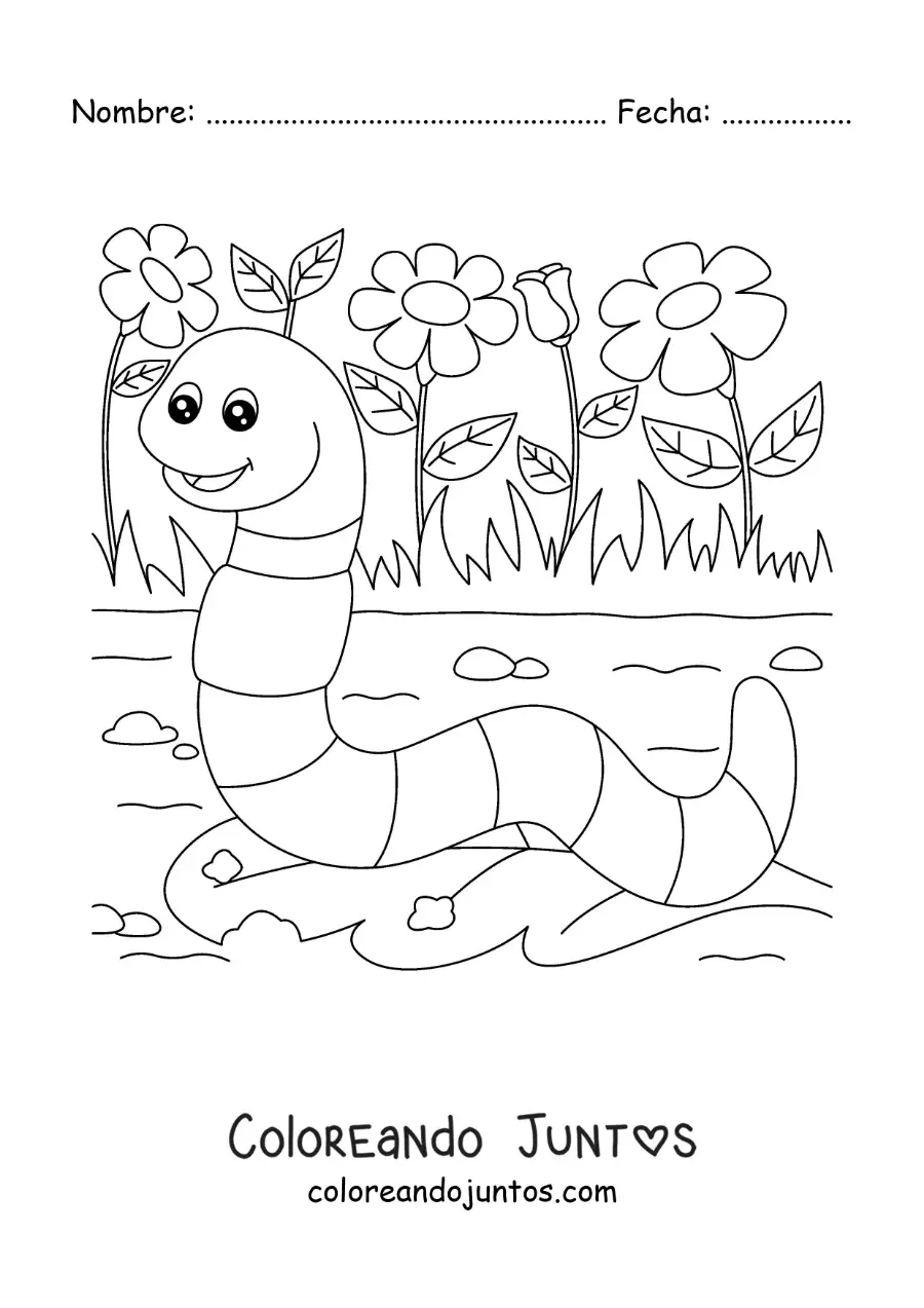 Imagen para colorear de una lombriz de tierra animada comiendo una hoja