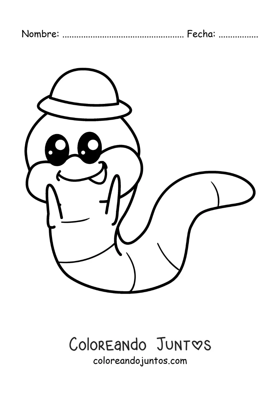 Imagen para colorear de lombriz graciosa kawaii con un sombrero